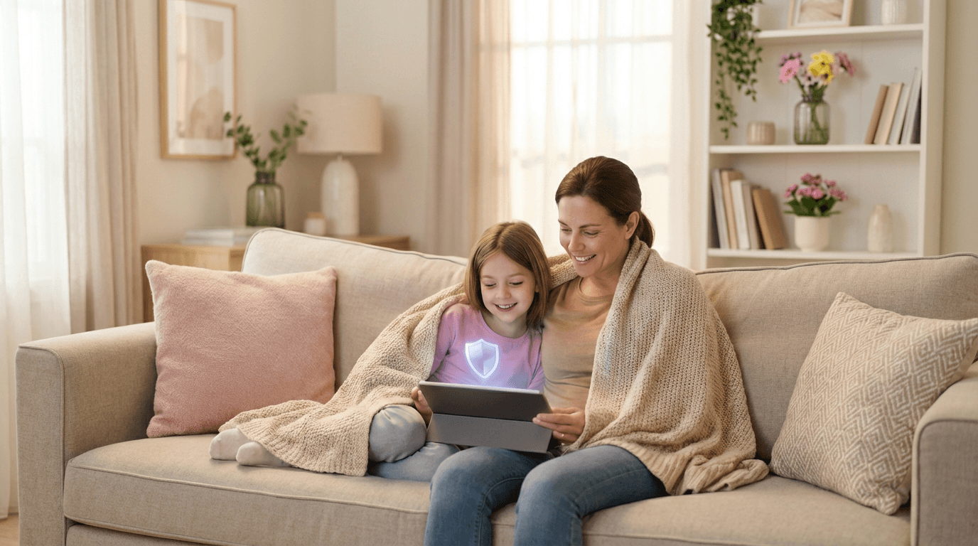 A mother and child watching a tablet together on a couch, with the Agiliton VPN shield glowing on screen