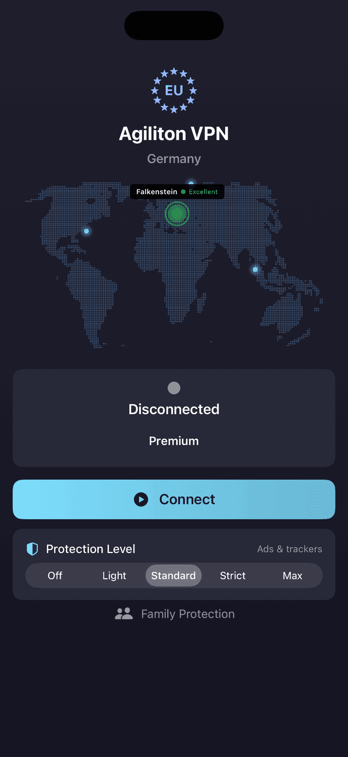 Agiliton VPN main screen showing Germany as the selected region, ready to connect