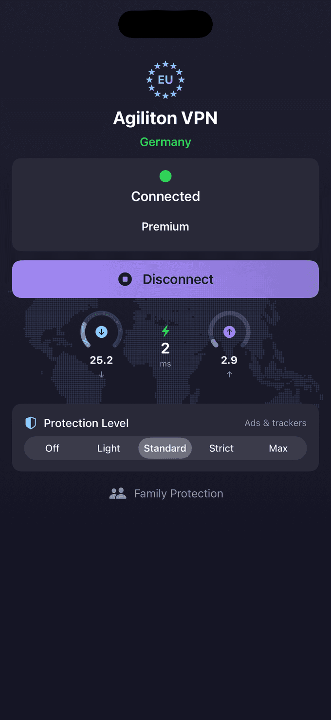 Agiliton VPN connected, showing download speed, latency, and protection level