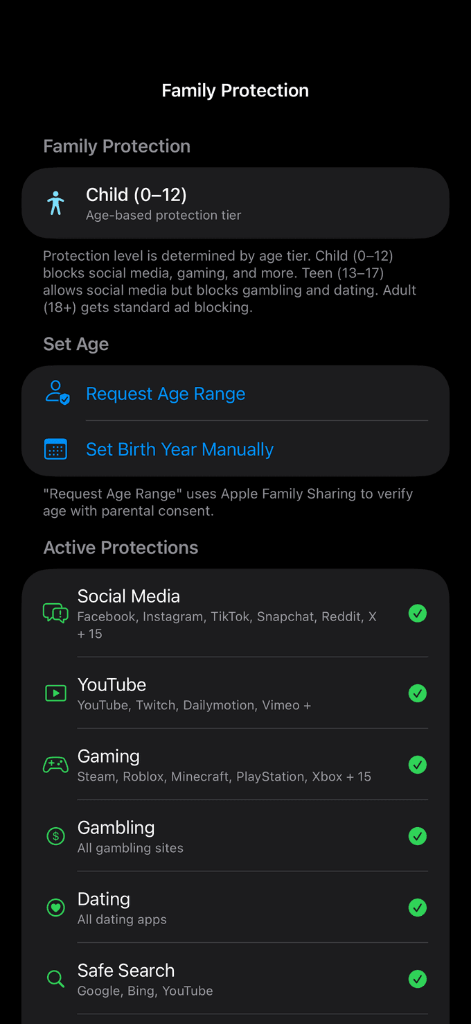 Family Protection screen with Child 0-12 age tier selected and per-category protection toggles